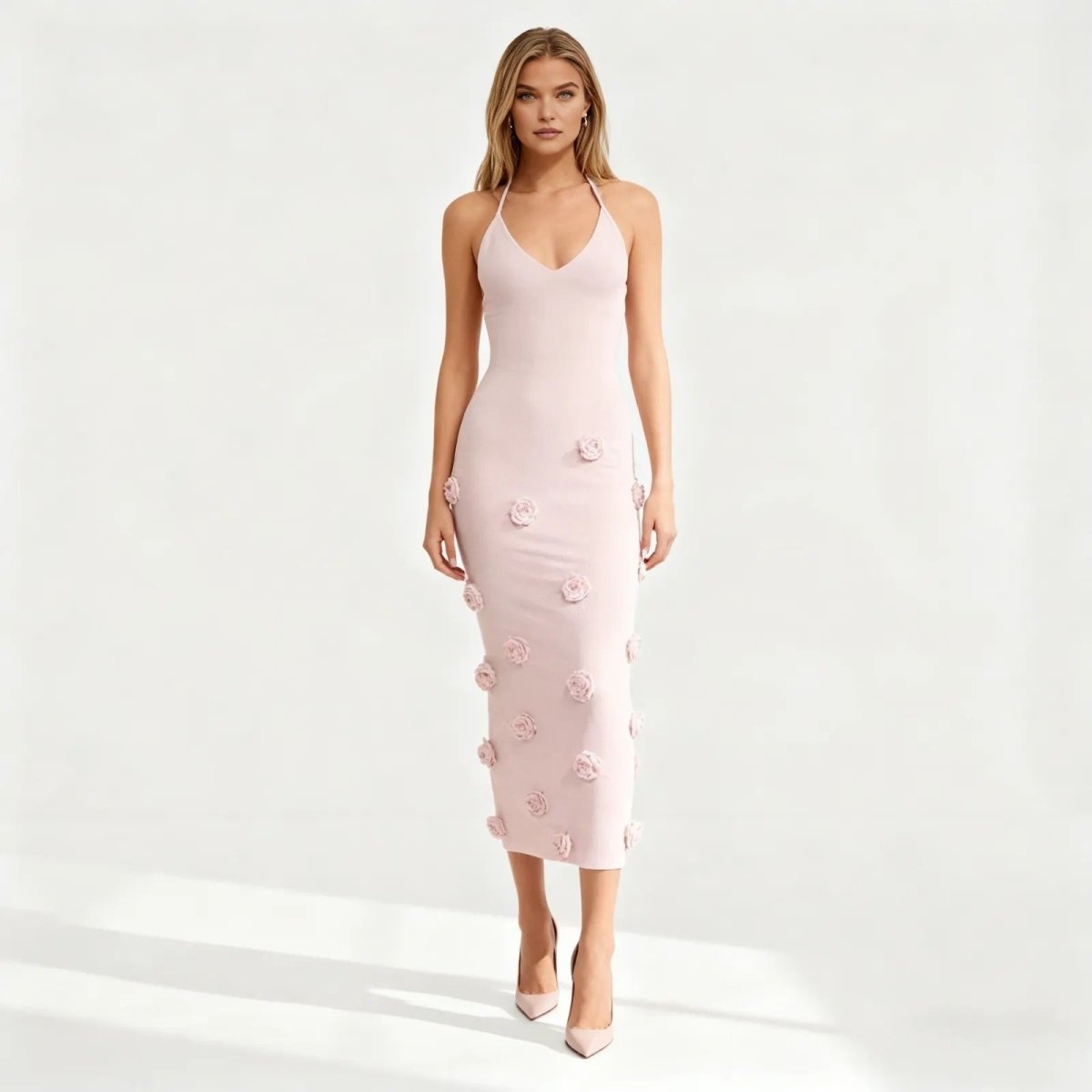 Alexie | Women's Midi Dress with Hand-Applied Rosettes | Elegant Fit for Timeless Style