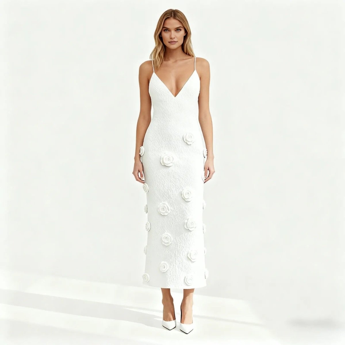 Alexie | Women's Midi Dress with Hand-Applied Rosettes | Elegant Fit for Timeless Style