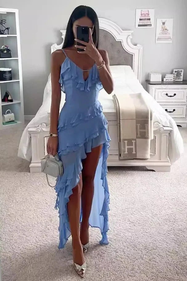 Elegant Ruffled | Women's Asymmetrical Spaghetti Strap Dress with Keyhole Detail | Perfect Summer Dress for Weddings or Events