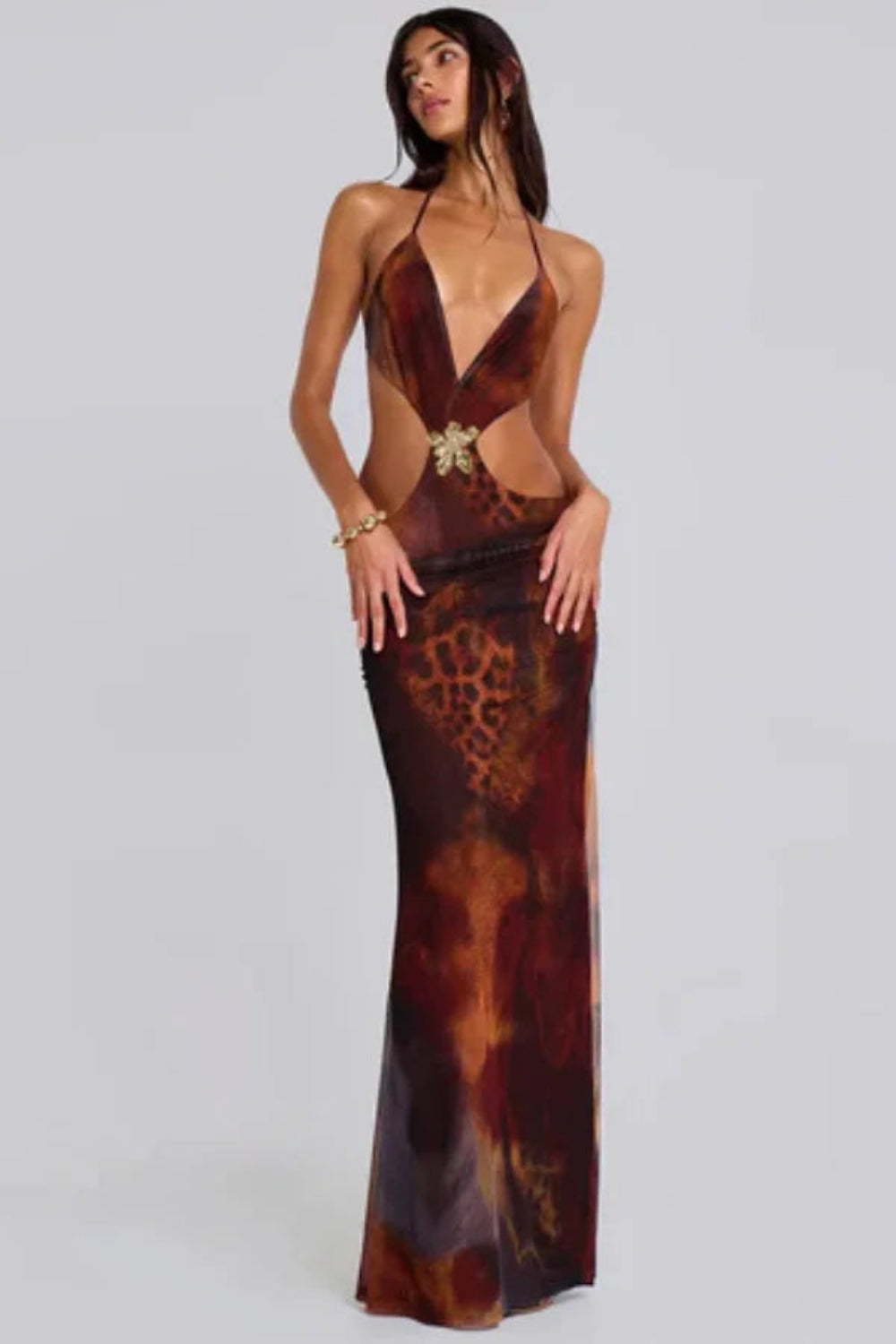 Elegant | Sheer Maxi Dress with Leopard Print & Golden Butterfly Accent | Stylish Long Dress for Unforgettable Evening Wear